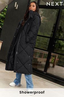 Черный - Стеганое в ромбик длинное пальто с капюшоном из водоотталкивающего материала (U32400) | €89