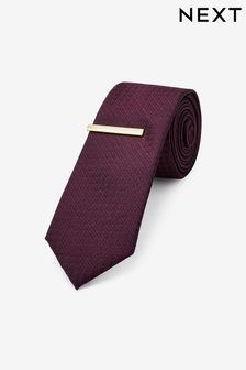Burgundy Red - Slim - Textured Tie And Clip Set (U34027) | kr230