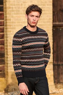 Black Crew Neck Next Fairisle Pattern Jumper (U34415) | €17