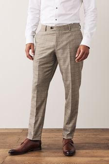Taupe Brown Slim Fit Trimmed Check Suit: Trousers (U35255) | €21