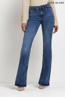River Island Blue Denim Medium Amelie Mid Rise Flared Jeans (U36446) | $99