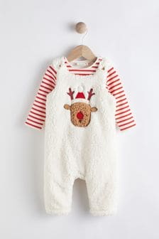 Cream Christmas Rudolph Fleece Baby Dungarees And Bodysuit (0mths-2yrs) (U36697) | AED103 - AED112