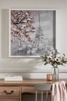Grey Large Pink Blossom Paris Framed Wall Art (U36757) | AED277