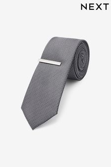 Charcoal Grey Slim Recycled Polyester Textured Tie With Tie Clip (U36802) | BGN 39