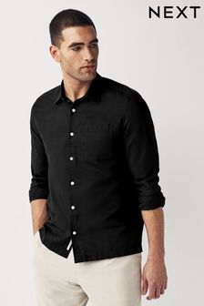 Black Linen Blend Long Sleeve Shirt (U37203) | $52