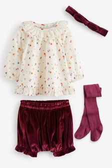 Малиновый - Блузка с цветочным принтом, велюровые шорты, колготки и ободок (комплект) (0 мес. - 2 лет) (U39295) | €25 - €28