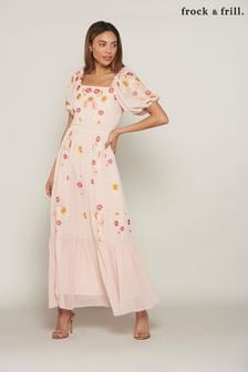 שמלת מקסי עם צווארון מרובע בצבע וורוד עם דוגמה פרחונית ורקמה של Frock And Frill (U40098) | ‏675 ₪
