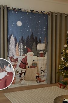 Multi Christmas Scene Santa Tie Top Curtains (U40714) | kr223