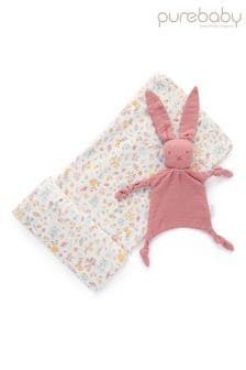 Purebaby Pink Bunny Posy Muslin Comforter & Wrap Set (U41026) | €35
