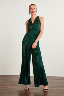 Green Satin Wrap Front Pleated Jumpsuit (U41116) | €32