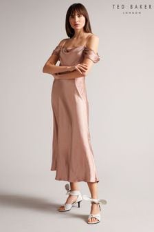 Ted Baker Dusky Pink Esta Cold Shoulder Cowl Front Midi Slip Dress (U41613) | 134 €
