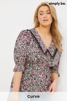 Simply Be Ditsy Floral Contrast Collar Buttoned Peplum Top (U42165) | 12 €
