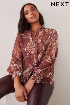 Abstract Brown Print Trim Detail Button Front Top (U43818) | €13