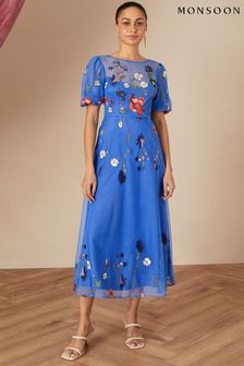 Синее платье миди с вышивкой Monsoon Andrea (U44259) | €94