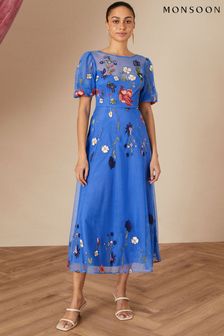 Robe mi-longue Monsoon Andrea brodée bleue (U44259) | €76