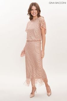 Gina Bacconi Gold Arleen Long Blouson Fringe Hem Dress (U44442) | $572