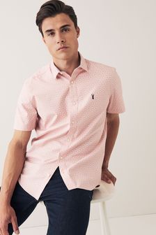 Pink Geo Print Slim Fit Short Sleeve Stretch Oxford Shirt (U44457) | ₪ 89