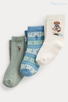 Polo Ralph Lauren Baby-Socken aus Baumwolle mit Bärdesign und Logo im 3er-Pack, Elfenbein/Grün (U44563) | 14 €