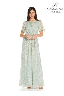 Niebieska suknia szyfonowa Adrianna Papell z kwiatowym wzorem i wiązaniem (U44578) | 1398 zł