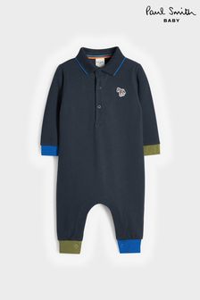 Bleumarin - Salopetă scurtă cu guler polo din pichet și logo zebră pentru băieți Paul Smith Bebeluși (U44704) | 367 LEI