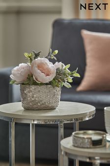 Pink Artificial Peony Flowers In Silver Pot