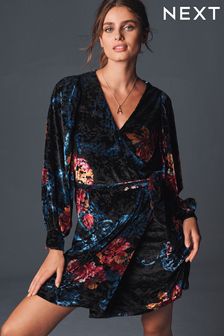 Black Floral Long Sleeve Velvet Print Wrap Mini Dress (U45601) | 79 €