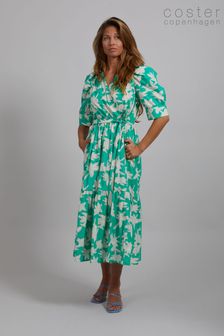 Зеленое платье с запахом, широкими манжетами и цветочным принтом Coster Copenhagen (U48576) | €80