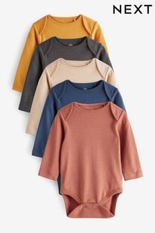 Tan Brown/Blue 5 Pack Long Sleeve Baby Bodysuits (U48683) | €19 - €24