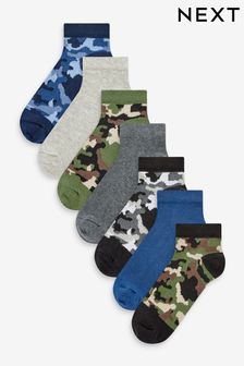 Khaki Green/Blue/Grey Camouflage 7 Pack Cotton Rich Trainer Socks (U50089) | ￥1,390 - ￥1,740