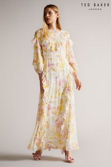 Ted Baker Leyona White Printed Full Sleeve Waterfall Maxi Dress (U51323) | 396 €