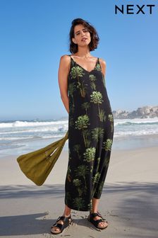 Black Palm Tree Midi Slip Summer Dress (U51328) | 31 €