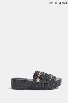 River Island Raffia Black Chain Detail Flatforms Sandals (U51414) | 23 €
