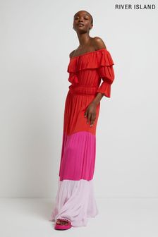 River Island Medium Pink Nola Colourblock Bardot Dress (U51444) | ₪ 196