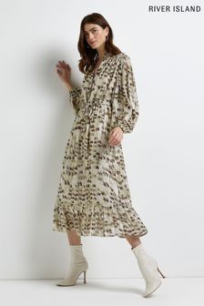 River Island Brown Ls Soft Ruffle Hem Midi Dress (U52108) | $115