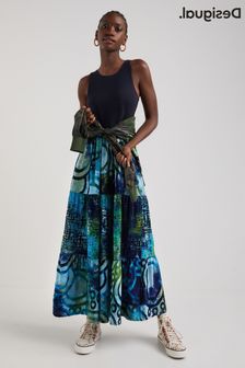 Czarno-niebieska sukienka maxi Desigual bez rękawów z nadrukiem (U52550) | 225 zł
