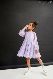 Mint Velvet Lilac Purple Star Print Tiered Mesh Party Dress (U52645) | €37 - €43