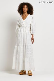 Biała warstwowa letnia sukienka midi River Island z haftem angielskim (U52943) | 164 zł