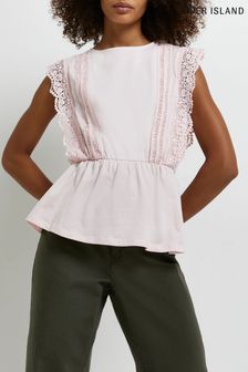 River Island Pink Light Sl Lace Frill Waist T-Shirt (U52951) | ₪ 130
