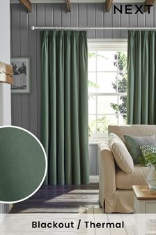 灰綠色棉質遮光/隔熱保溫鉛筆褶窗簾