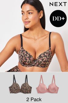 Black Ditsy Floral Print/Pink DD+ Light Pad Balcony T-Shirt Bra 2 Pack (U54217) | €14