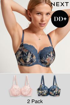 Navy Blue Floral Print/Light Pink DD+ Non Pad Wired Full Cup Microfibre & Lace Bras 2 Pack (U54242) | 914 UAH