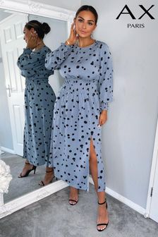 Niebieska sukienka midi Ax Paris z nadrukiem w kropeczki i elastyczną talią (U54279) | 118 zł