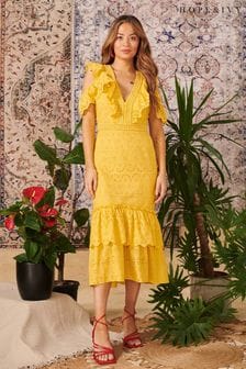 Hope And Ivy The Amber Yellow Ruffle Plunge Midi Dress (U55231) | 52 €