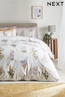 White Ground Pom Floral Easter Bunny Duvet Cover and Pillowcase Set (U55368) | TRY 639 - TRY 1.406