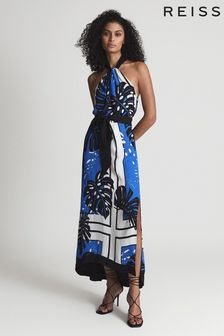 Reiss Blue Erin Palm Print Midi Dress (U55397) | $392