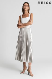 Reiss Silver Elle Metallic Pleat Skirt (U55399) | €240