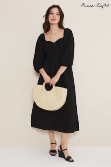 Phase Eight Shola Linen Ruched Bodice Black Dress (U55543) | €72