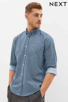 Navy Blue/White Printed Soft Touch Twill Roll Sleeve Shirt (U55628) | KRW47,800