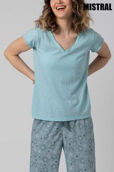 T-shirt Mistral à col V avec finitions tissées bleu aigue-marine (U55813) | €12