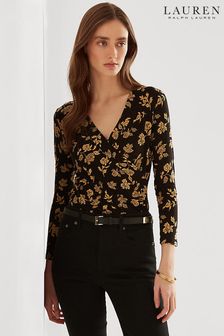 Lauren Ralph Lauren Black Floral Print Wrap Cotton Alayja Top (U56016) | 312 zł